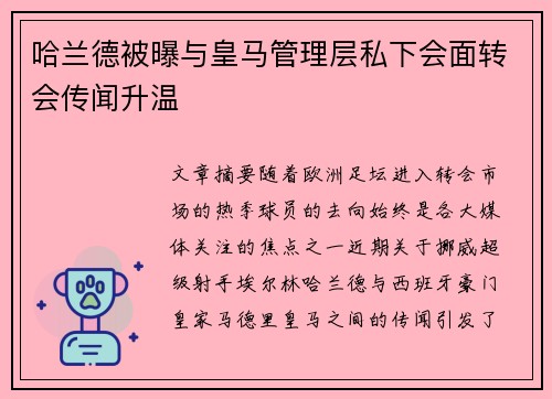 哈兰德被曝与皇马管理层私下会面转会传闻升温